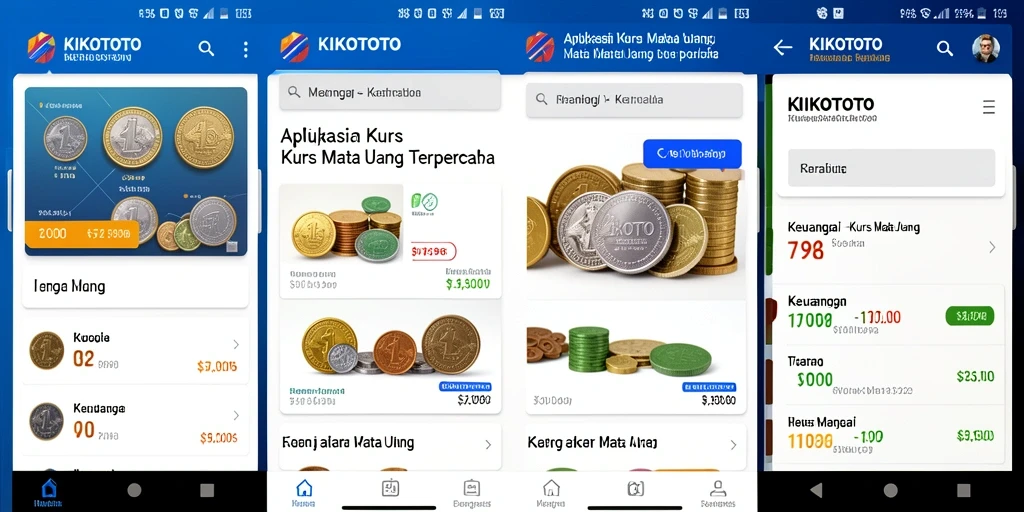 Antarmuka aplikasi KIKOTOTO menampilkan kurs mata uang terkini dan grafik perubahan.