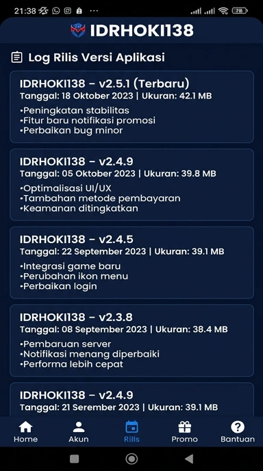 Riwayat Versi idrhoki138 untuk Pengguna Android